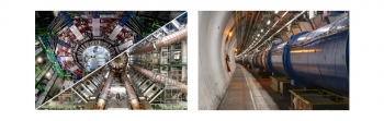 The CMS (top-left) and ATLAS (bottom-left) experiments at the Large Hadron Collider (right) at CERN. The CMS (top-left) and ATLAS (bottom-left) experiments at the Large Hadron Collider (right) at CERN.
