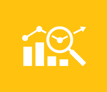 Yellow spherical icon of bar chart with magnifying glass