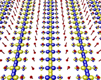 Schematic of the binding energy of electrons in a copper-oxide superconductor as measured by advanced microscopy. The size of the blue and yellow blobs surrounding each atom indicates the size of the energy gap. The red rods indicate the atomsâ spin. Schematic of the binding energy of electrons in a copper-oxide superconductor as measured by advanced microscopy. The size of the blue and yellow blobs surrounding each atom indicates the size of the energy gap. The red rods indicate the atomsâ spin.