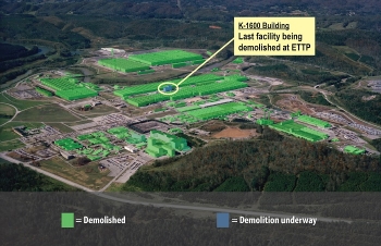 This graphic shows all facilities that have been demolished to date at the East Tennessee Technology Park in Oak Ridge. Demolition of the only remaining building, K-1600, is advancing.