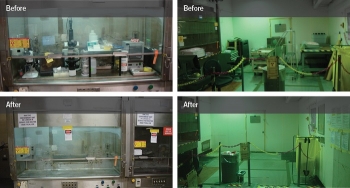 Before-and-after photos of cleanup of two areas in the F Area Analytical Laboratory facilities at the Savannah River Site.
