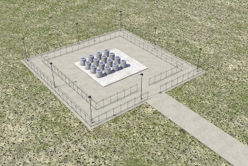 A conceptual illustration shows an outdoor storage area where large concrete casks designed to hold radioactive cesium and strontium capsules will be placed in a safe, compliant configuration at the Hanford Site.