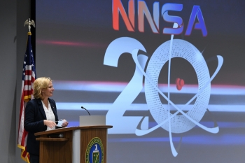 NNSA Administrator Lisa E. Gordon-Hagerty speaks during the NNSA 20th Anniversary Celebration event that recognized the milestones the Pantex team has met despite the pandemic..