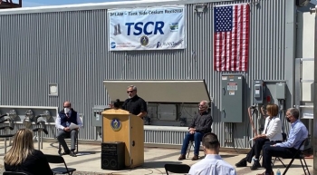 Energy Secretary Dan Brouillette, at podium, toured AVANTech in Richland to see the Tank-Side Cesium Removal system that will be used at Hanford as part of the Direct-Feed Low-Activity Waste approach to tank waste treatment.
