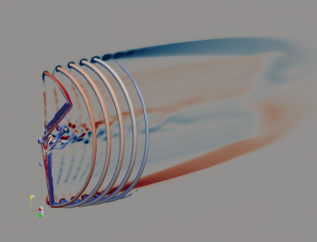 Image showing the flow structure around an NREL 5-megawatt wind turbine rotor generated by the ExaWind Nalu-Wind high-performance computational code.
