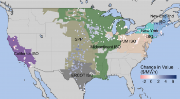 Map showing market value increase from supersized turbine vs. 2018 average turbine.