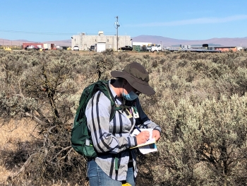 Archaeologist Lindsay Kiel with EM Richland Operations Office contractor Mission Support Alliance takes field notes during an archaeological survey on Hanfordâs Central Plateau.