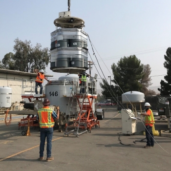 A team from the Waste Isolation Pilot Plant prepares a transuranic waste shipment to depart Lawrence Livermore National Laboratory.