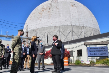 Naval Nuclear Laboratories personnel greet NNSA Administrator Lisa E. Gordon-Hagerty and Adm. James F. Caldwell Jr. at the Kenneth A. Kesselring Site.