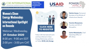 Register now for the Oct 21 webinar featuring women leading in clean energy in Rwanda. Register now for the Oct 21 webinar featuring women leading in clean energy in Rwanda.