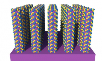 Layers of zinc and oxygen atoms (in yellow and blue) are deposited onto the surfaces of nanowires of molybdenum disulfide (in purple). These atoms grow into arrays of semiconductor crystals at sites of defects on the surfaces. Layers of zinc and oxygen atoms (in yellow and blue) are deposited onto the surfaces of nanowires of molybdenum disulfide (in purple). These atoms grow into arrays of semiconductor crystals at sites of defects on the surfaces.