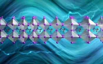 Substituting heavier deuterium (red) for hydrogen in methylammonium (blue-orange-red) slows its swaying so it can interact with vibrations that remove heat, keeping charge carriers hot longer. Substituting heavier deuterium (red) for hydrogen in methylammonium (blue-orange-red) slows its swaying so it can interact with vibrations that remove heat, keeping charge carriers hot longer.