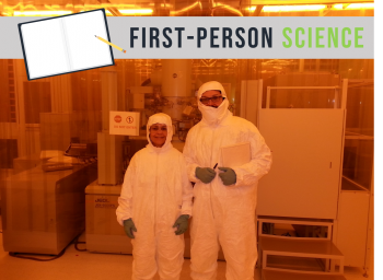 Kawtar Hafidi and her postdoc Whit Armstrong are in the Center for Nanoscale Materials Office of Science user facility at Argonne National Laboratory researching nanowire detectors for future facilities. Man and woman in clean room âbunny suitsâ in front of machinery.