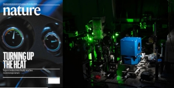 The advance by the Dias research group at the University of Rochester (right) was featured on the cover of Nature (left). The advance by the Dias research group at the University of Rochester (right) was featured on the cover of Nature (left).