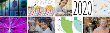 DOEâs Office of Science shared more than 1,093 stories about our research in 2020. Collage of images, from top left â Theta supercomputer, yellow clumps of balls with red balls over white balls in a matrix, a woman conducting an experiment, 2020, balls with lines coming out of them, blue lines shooting out over a purple line background.