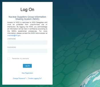 The login screen for the Nuclear Supplier's Group Information Sharing System, the group's secure intranet and document repository.