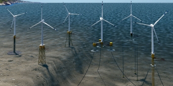 An illustration of offshore wind turbines in the ocean.