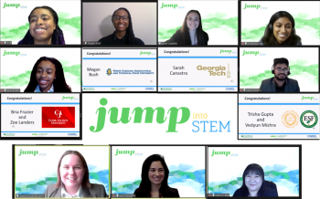 Screenshot of a virtual meeting, with screens shown of student attendees and the Jump Into STEM logo in the center.