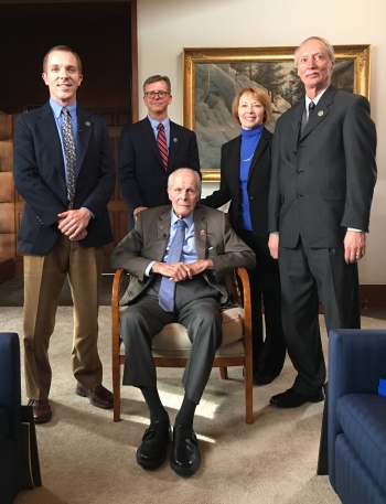 Left to right: Colin Colverson, Oak Ridge Site Representative and Office of General Counsel; Padraic Benson, LM Historian; Tracy Atkins, LM Principal Representative for MAPR; Thomas Pauling, LM Acting Director. Seated: Bill Coors.