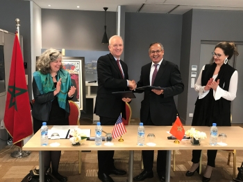David Huizenga, NNSAâs Principal Assistant Deputy Administrator, and Dr. Khammar Mrabit, Director General of the Moroccan Agency for Nuclear and Radiological Safety and Security, sign a new memorandum of understanding in Rabat, Morocco.