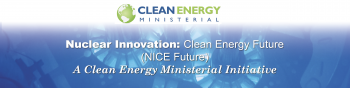 Nuclear Innovation: Clean Energy Future text with a blue background