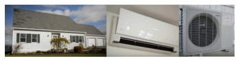 Images of the exterior of a house and an air-source heat pump.