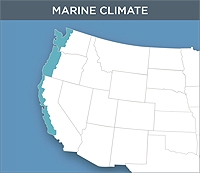 Map of the Marine Climate Zone of the United States. This zone contains the far western Pacific coast stretching from the Canadian border to mid-California.