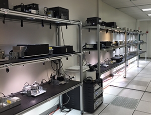 LED downlights in a long-term test rack.
