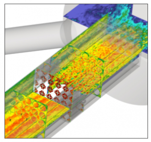 Velocity magnitude in MATiS-H spacer grid with swirl-type vanes.