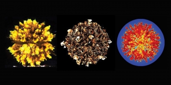The attributes of a high explosive test (left) are closely predicted in a computer modeling capability (center) that produces a