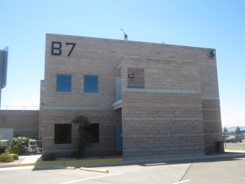 Built in 1992, the exterior view of the maintenance facility building