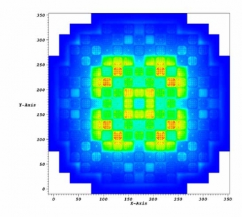 Fully heterogeneous predictions of thermal neutron flux in a hypothetical metal-oxide-fueled PWR.