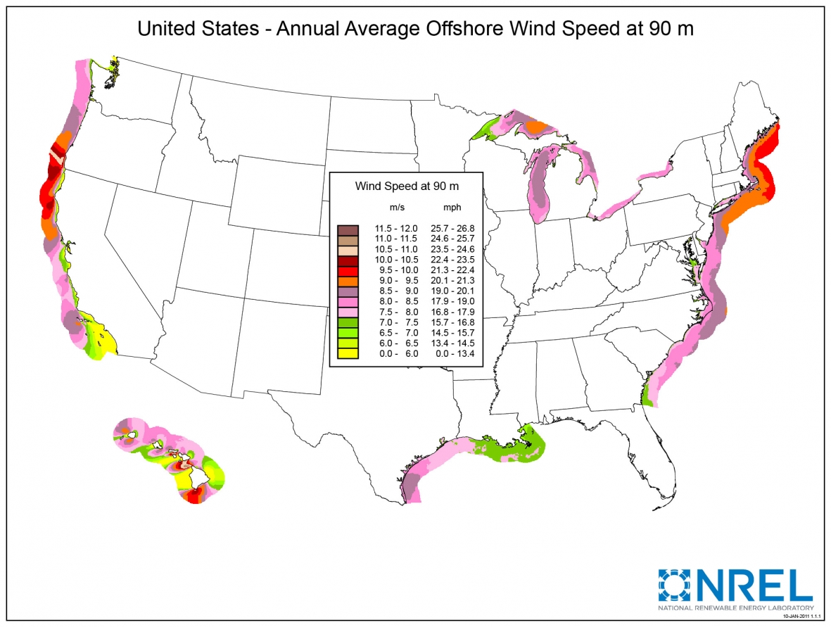 Map showing the annual offshore wind speed at 90 meters.