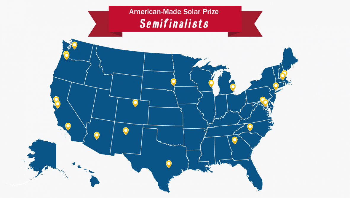 Illustration of the United States showing the location of the American-Made Solar Prize Semifinalists