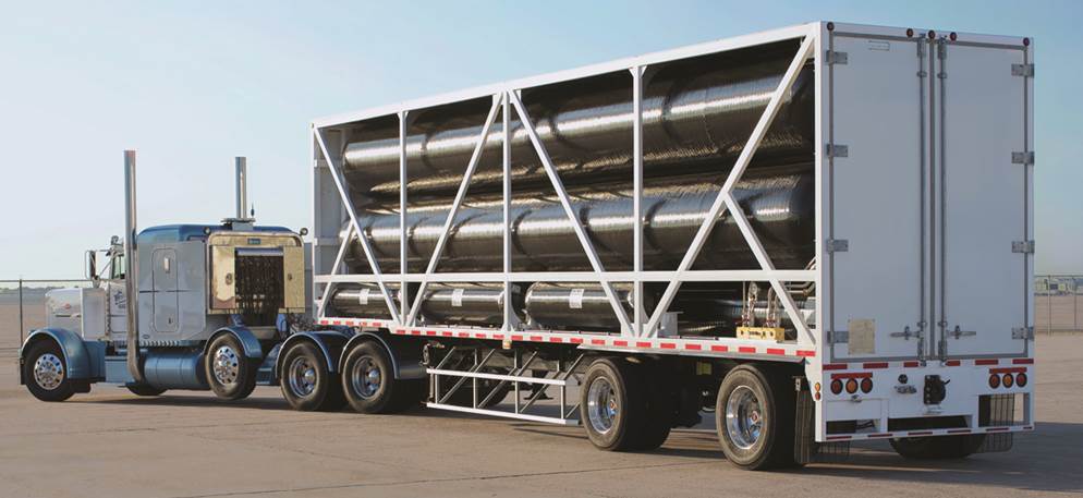 Composite tube trailer. Photo from Hexagon Lincoln Photo of a hydrogen tube trailer