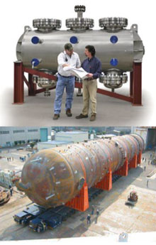 A Velocys microchannel Fischer-Tropsch reactor (above) compared to a conventional reactor (below). Photos of Velocys reactor (not much taller than an average human) and a conventional reactor (significantly bigger).