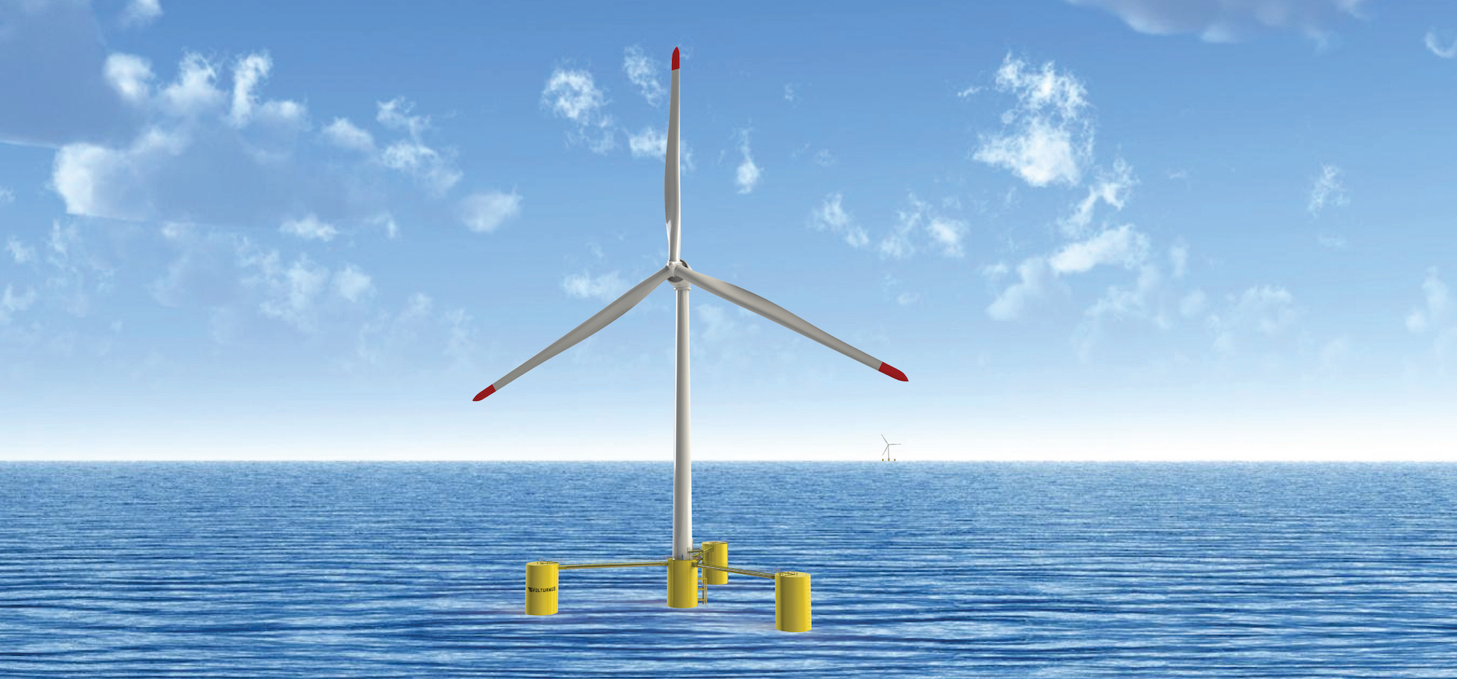 The University of Maine is developing a patent-pending floating platform for the deep waters off Monhegan Island, Maine. <em>Image courtesy of Maine Aqua Ventus</em> Rendering of a floating offshore wind turbine.