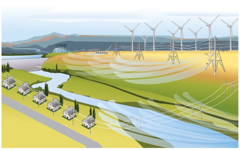 In areas where wind farms are being developed, there is potential to take advantage of concurrent cooling—where wind enables wind farms to produce power while also cooling existing transmission lines. Photo by Idaho National Laboratory An illustration with a row of houses on the lower left and illustrated gusts of wind, and a wind farm on the upper right.