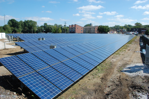 This 1 MW solar installation in East Cleveland, Ohio, is owned and operated by nonprofit utility Medical Center Company and overlooks the historic Lakeview cemetery. Photo by Timothy Peshek.