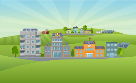 Graphic of buildings with solar panels